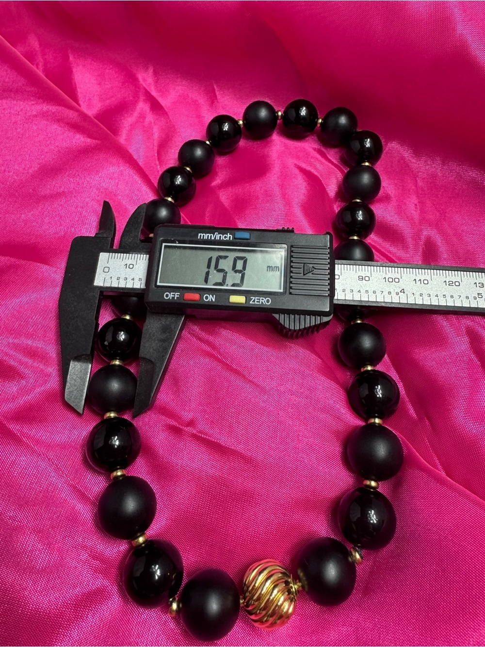 David Yurman Matte and Gloss Black Bead Necklace with Gold Swirl Accent